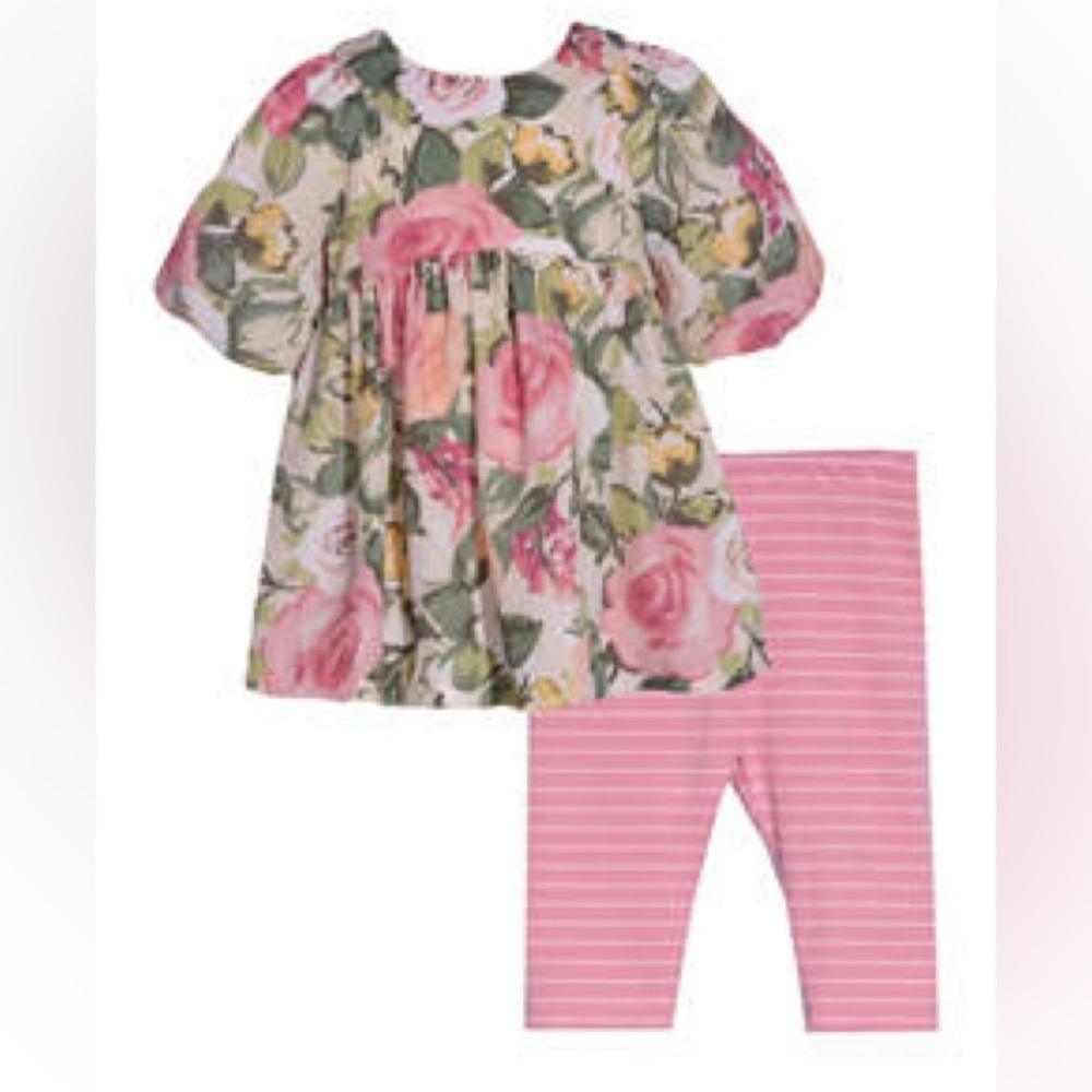 NWT! Bonnie Jean Girls 24 Months Pink Floral Printed Top & Striped Leggings Set